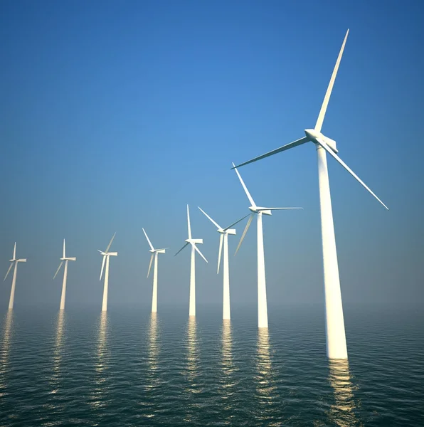 바다에서 에너지를 생산 하는 3d 풍력 터빈 — 스톡 사진
