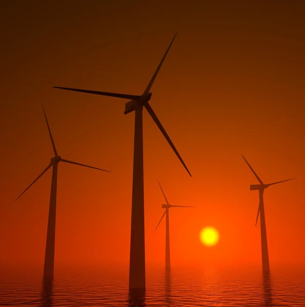 Turbine eoliche 3d che producono energia in mare — Foto Stock