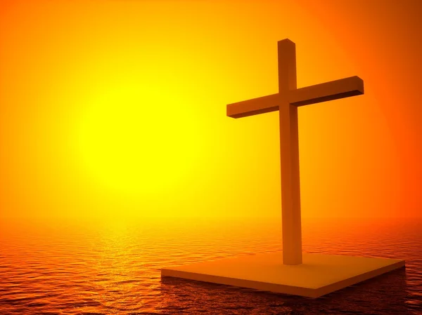 Croce 3d e tramonto, simbolo della morte in mare — Foto Stock
