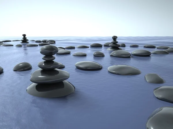 Zen stones in water, blue sky — Stock Photo, Image