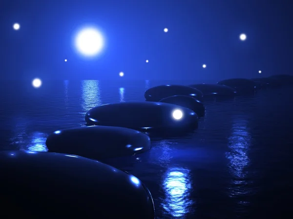 Дзен камені у воді, чарівна ніч — стокове фото