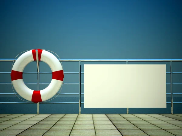 3D pierścień życia i puste billboard na bariery bezpieczeństwa na morzu — Zdjęcie stockowe