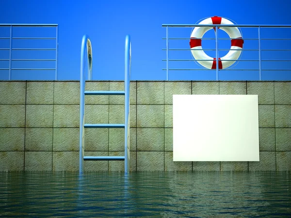 3D Rettungsring und leere Werbetafel an Schutzplanken am Schwimmbad — Stockfoto