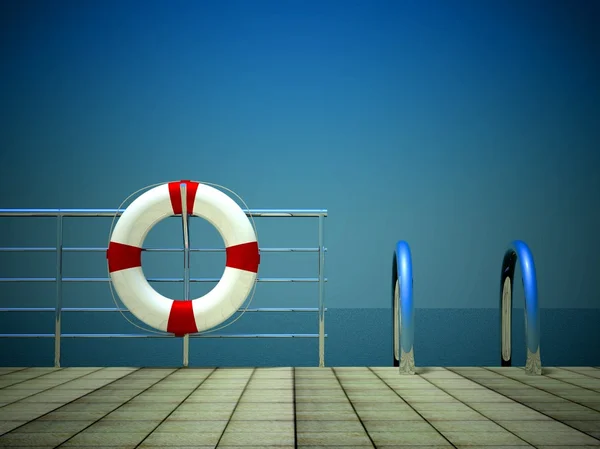 3d life ring and on safety barriers at sea — Stock Photo, Image