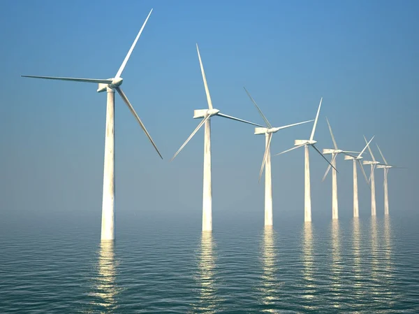 Turbinas eólicas 3d produzindo energia no mar — Fotografia de Stock