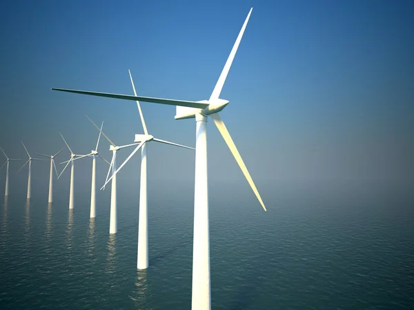 3d 风力涡轮机产生的能量在海中 — 图库照片