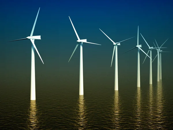 3d 风力涡轮机产生的能量在海中 — 图库照片