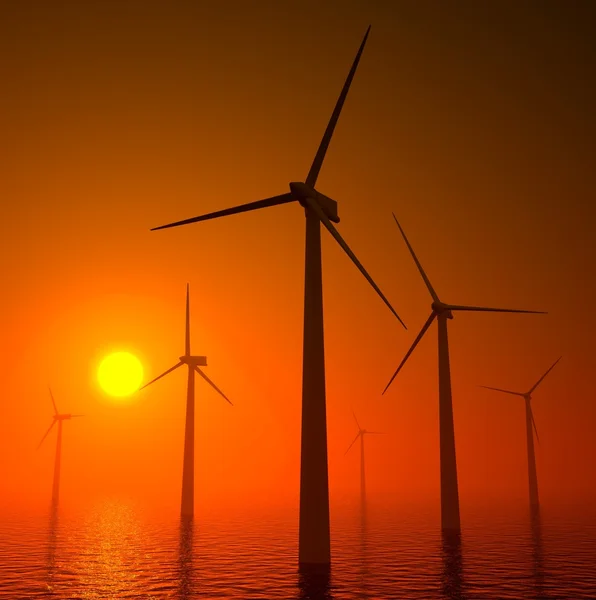 Turbinas eólicas 3d produzindo energia no mar — Fotografia de Stock