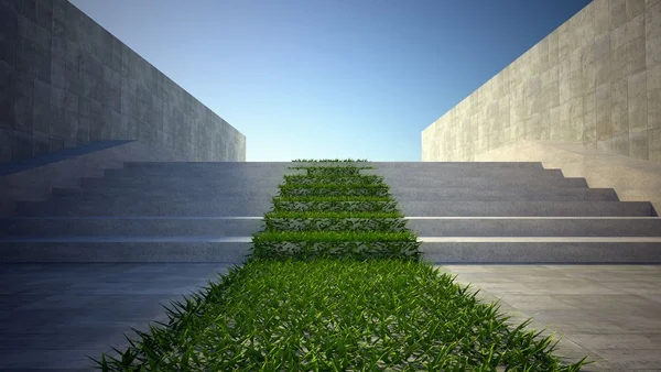 Conceito de ecologia 3d, grama e escadas na rua — Fotografia de Stock