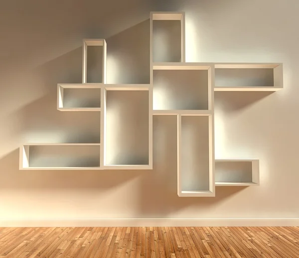 3D nowoczesne wnętrza, puste półki — Zdjęcie stockowe