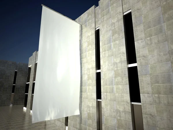建筑物墙体的 3d 空白空广告旗。 — 图库照片