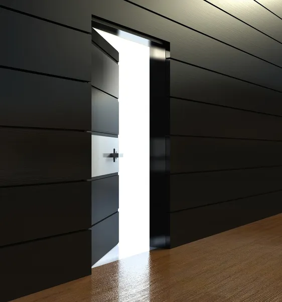 3D современный интерьер, стена с открытой дверью — стоковое фото