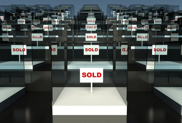 3d empty showcase, sold sign — Stock Photo, Image