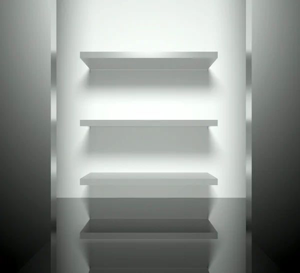 3D moderní interiér, prázdné jeviště s policemi — Stock fotografie