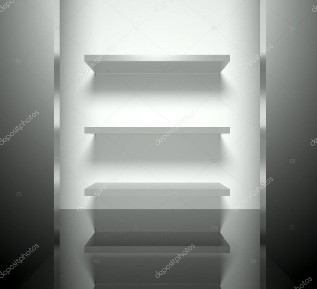 3d modern interior, empty stage with shelves