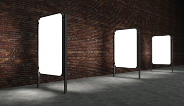 3d Blank street advertising billboards on brick wall at night clipart