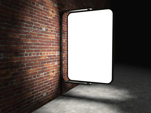 Cartelera publicitaria de calle en blanco 3d en la pared de ladrillo por la noche — Foto de Stock