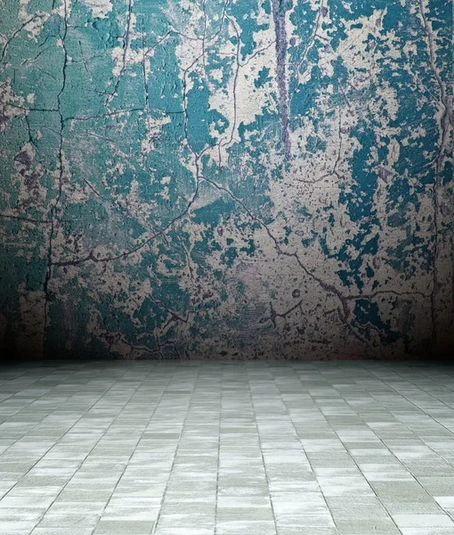 3D grunge interiör, blå rostig vägg — Stockfoto