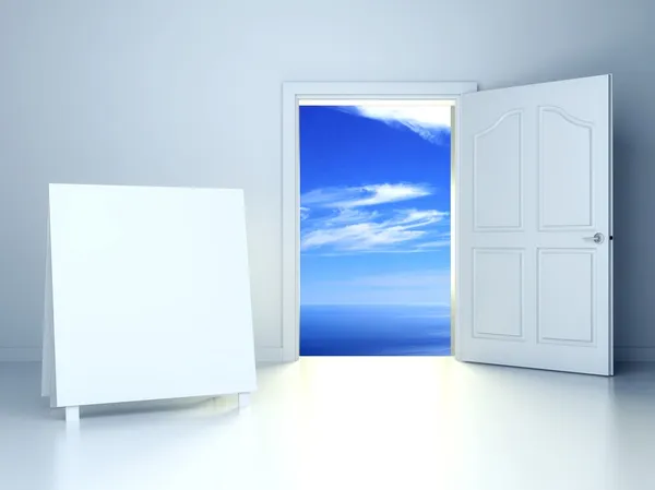 3d porta aperta in camera vuota con cornice vuota — Foto Stock