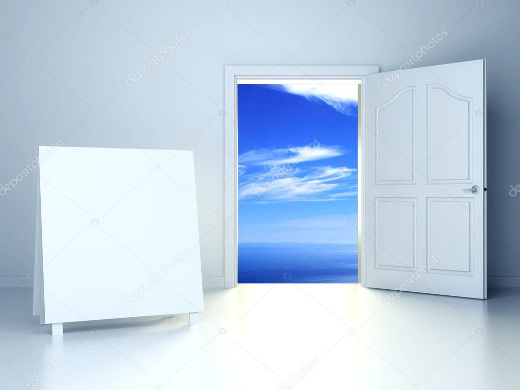 3d open door in empty room with empty frame