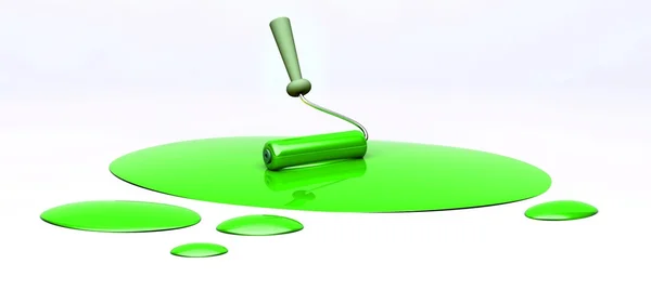 Трехмерный ролик и зеленая пролитая краска — стоковое фото