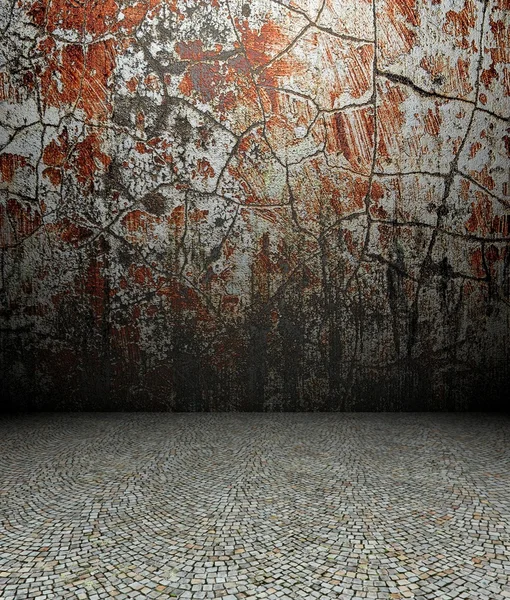 3d grietas pared y pavimento, interior de textura roja — Foto de Stock
