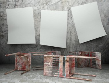 boş posterleri ile 3D grunge ahşap sandalye