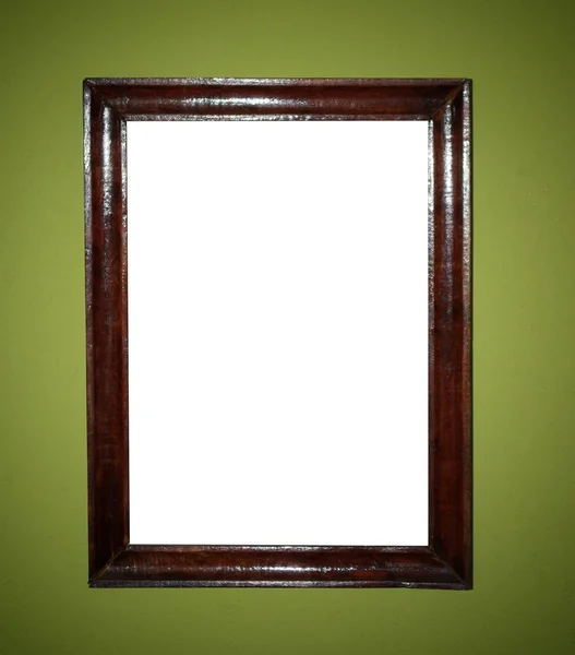 Starý dřevěný prázdný rám na zelené zdi papír textury — Stock fotografie