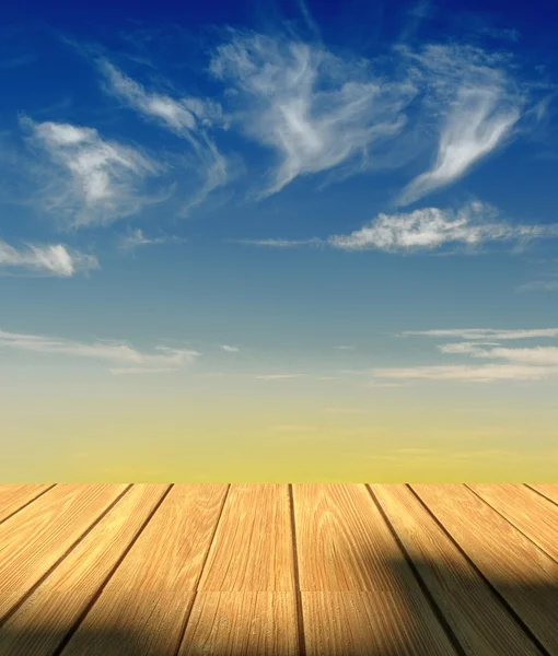 3d sky background and wood floor — Stock Photo, Image