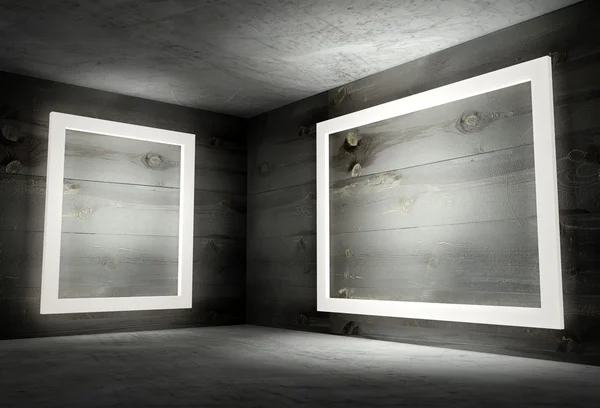 3d внутренний угол с белыми пустыми рамками — стоковое фото