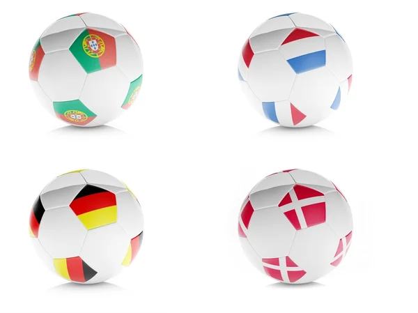 Bolas de futebol 3d com bandeiras branco isolado — Fotografia de Stock