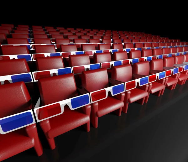 Sala de cinema vazio e óculos 3d — Fotografia de Stock