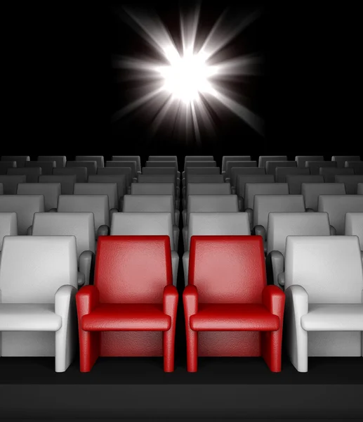 Sala de cine vacía con auditorio y dos asientos reservados — Foto de Stock