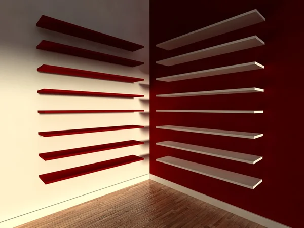 3D nowoczesne wnętrze, puste półki — Zdjęcie stockowe