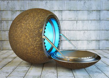 Futuristic steel spaceship near a concrete wall. clipart