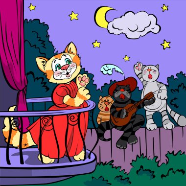 Three singing cats, vector drawing clipart