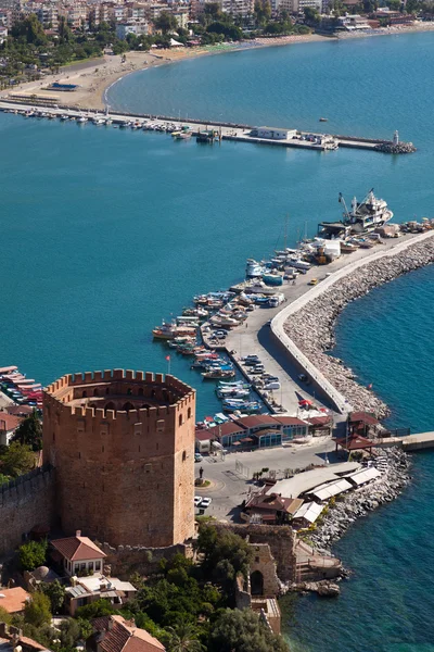 stock image Turkey, Alanya - red tower and harbor