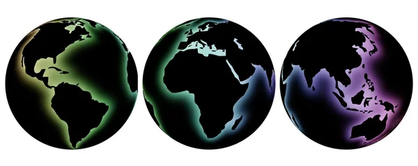 Black world globe with colored glow in three variations — Stock Photo, Image