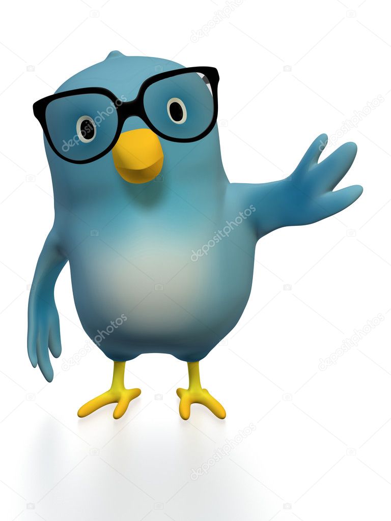 Bluebert with glasses pointing to the side