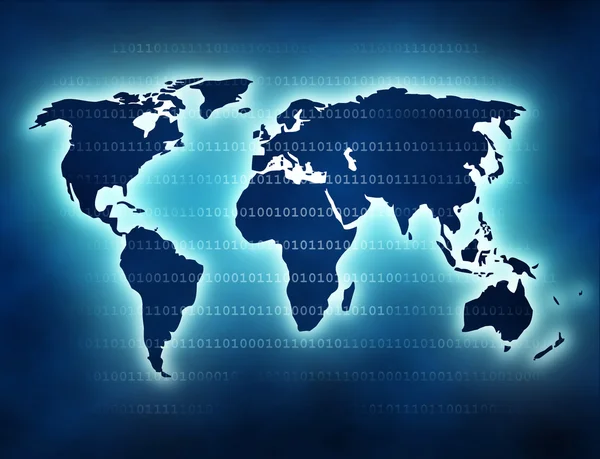 World map with blue glow and binary numbers — Stock Photo, Image