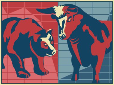 Bull and Bear - poster style clipart