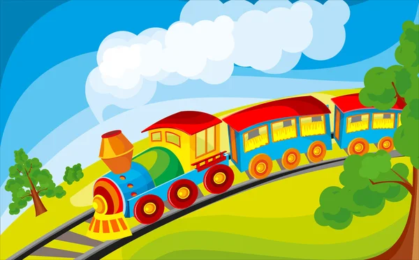 Bir lokomotif bir çayır üzerinde seyahat — Stok Vektör