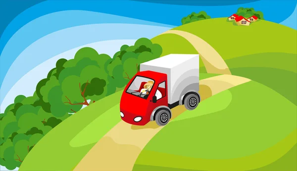 Truck driving on country road — Stock Vector