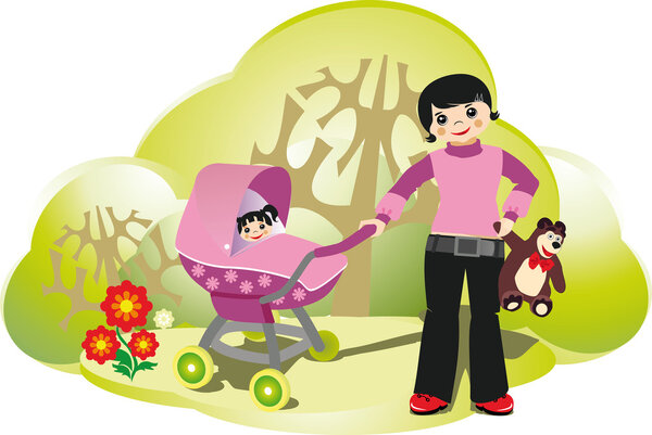 Женщина с детской коляской в парке
