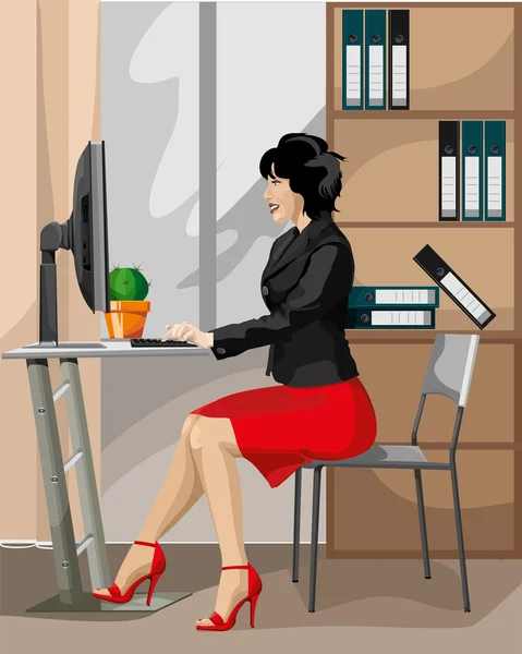 She works at a computer — Stock Vector