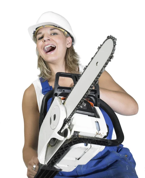 Laughing chain saw girl — Stock Photo, Image