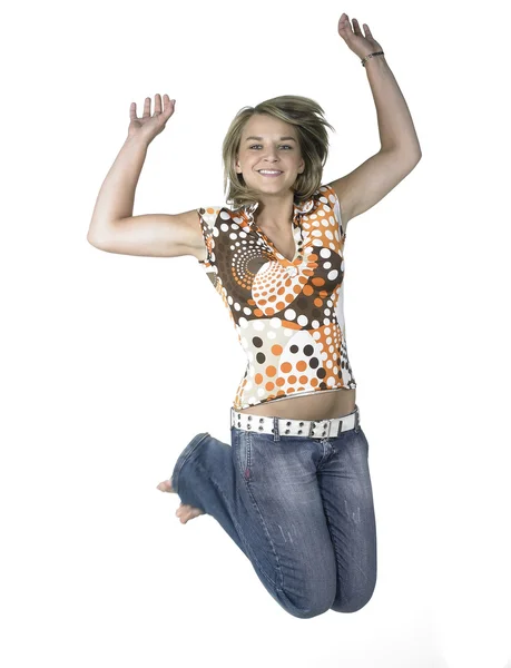Funny blond jumping girl — Stock Photo, Image