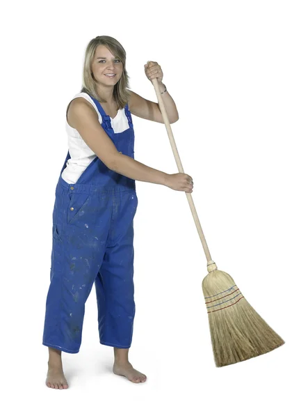 Cute working girl with besom — Stock Photo, Image
