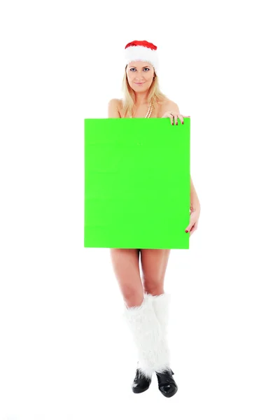 Young Santa woman holding green blank banner — Stock Photo, Image