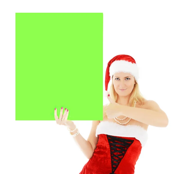 Femme de Noël tenant la bannière vierge verte — Photo